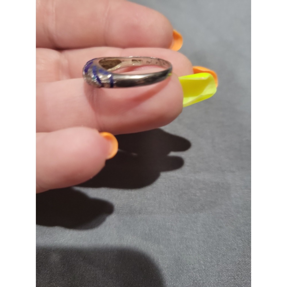 VINTAGE CHINESE EXPORT STERLING SILVER ENAMEL CLOISONNE BLUE BAND RING SIZE 7.5 - Picture 10 of 11
